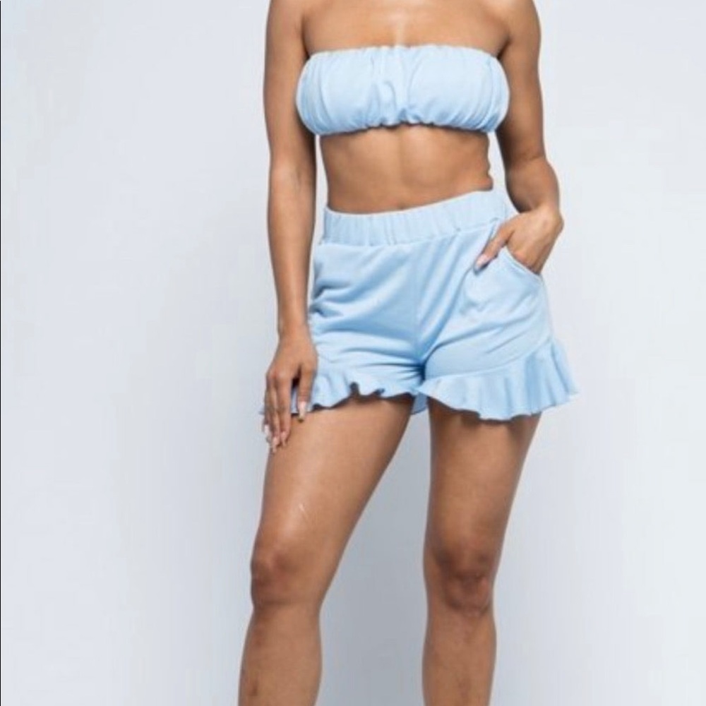 French Terry Light Blue Tube Top With Frilly Short Set